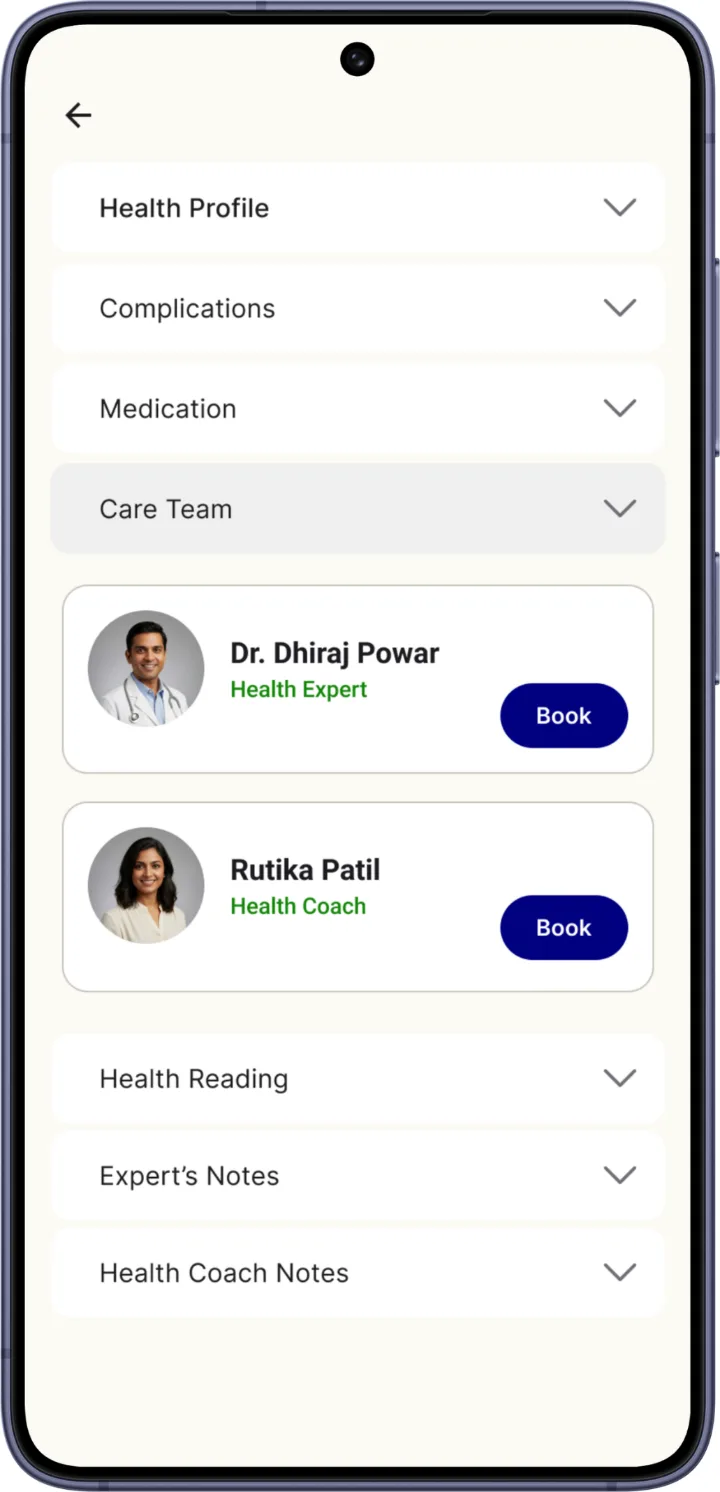 The patient's care team: a health expert and a health coach, each with a Book button.