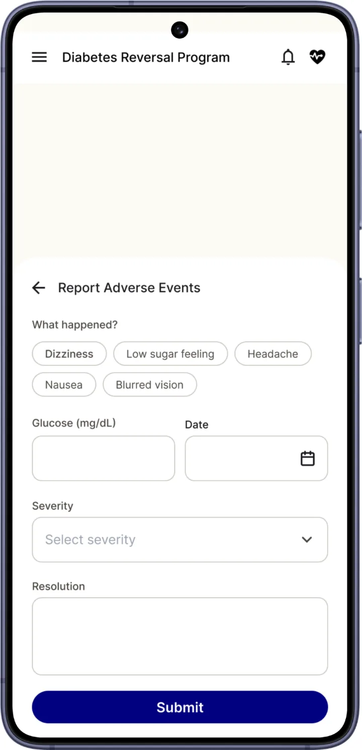 The symptom report form, where a patient picks symptoms such as dizziness or low sugar and adds a glucose reading.