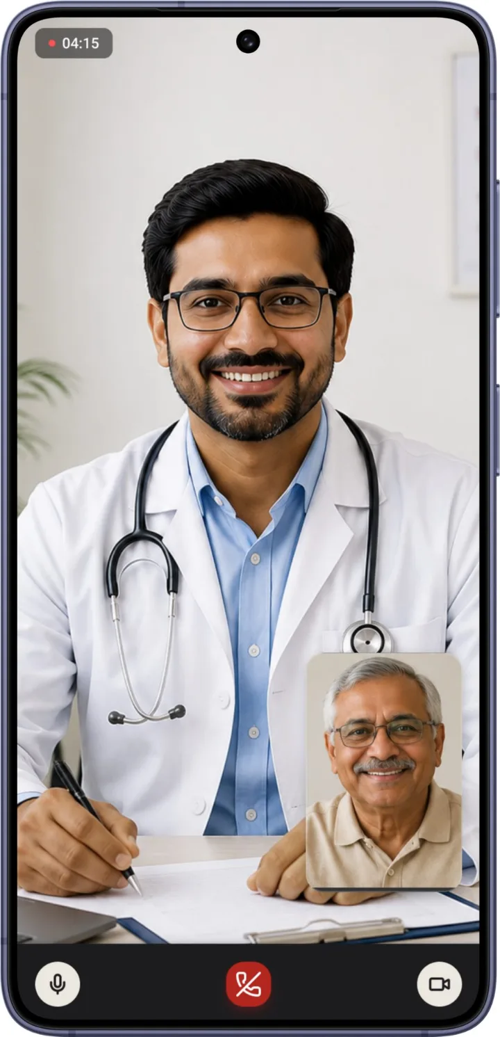 A video consult between a doctor and an older patient.