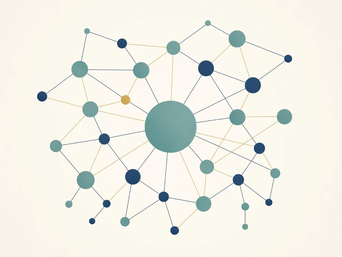 An abstract network: one larger teal node connected to many smaller nodes.
