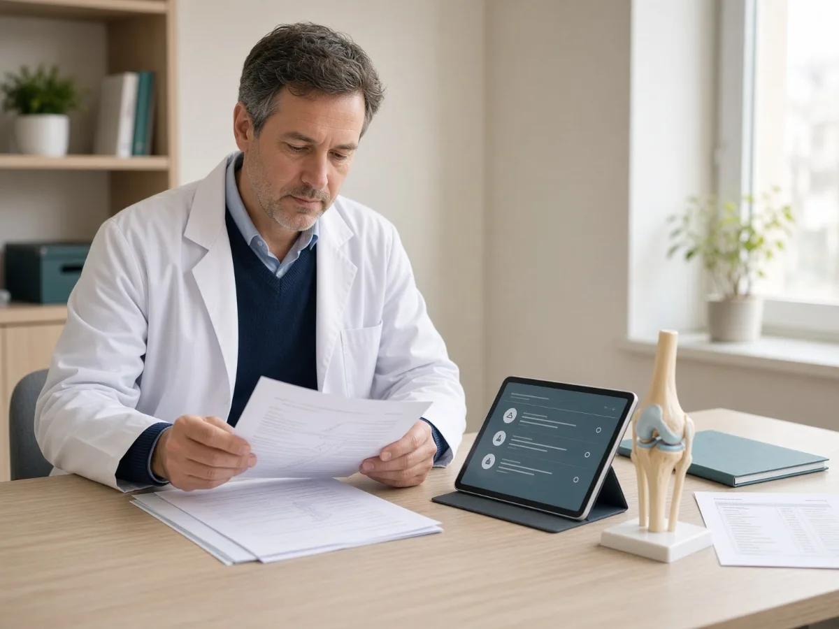 A clinician at a desk reviewing programme notes, with a tablet and a joint model.