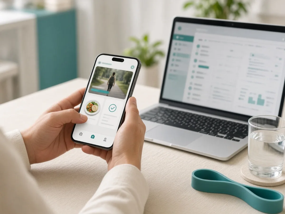 A phone and laptop showing a patient programme app, beside a resistance band and a simple meal.
